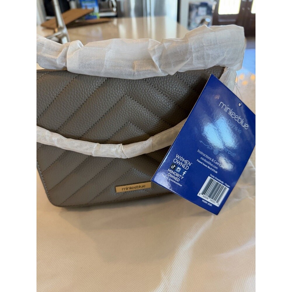 minkeeblue Quilted Taupe Crossbody Bag with Detachable Strap Chevron Pattern